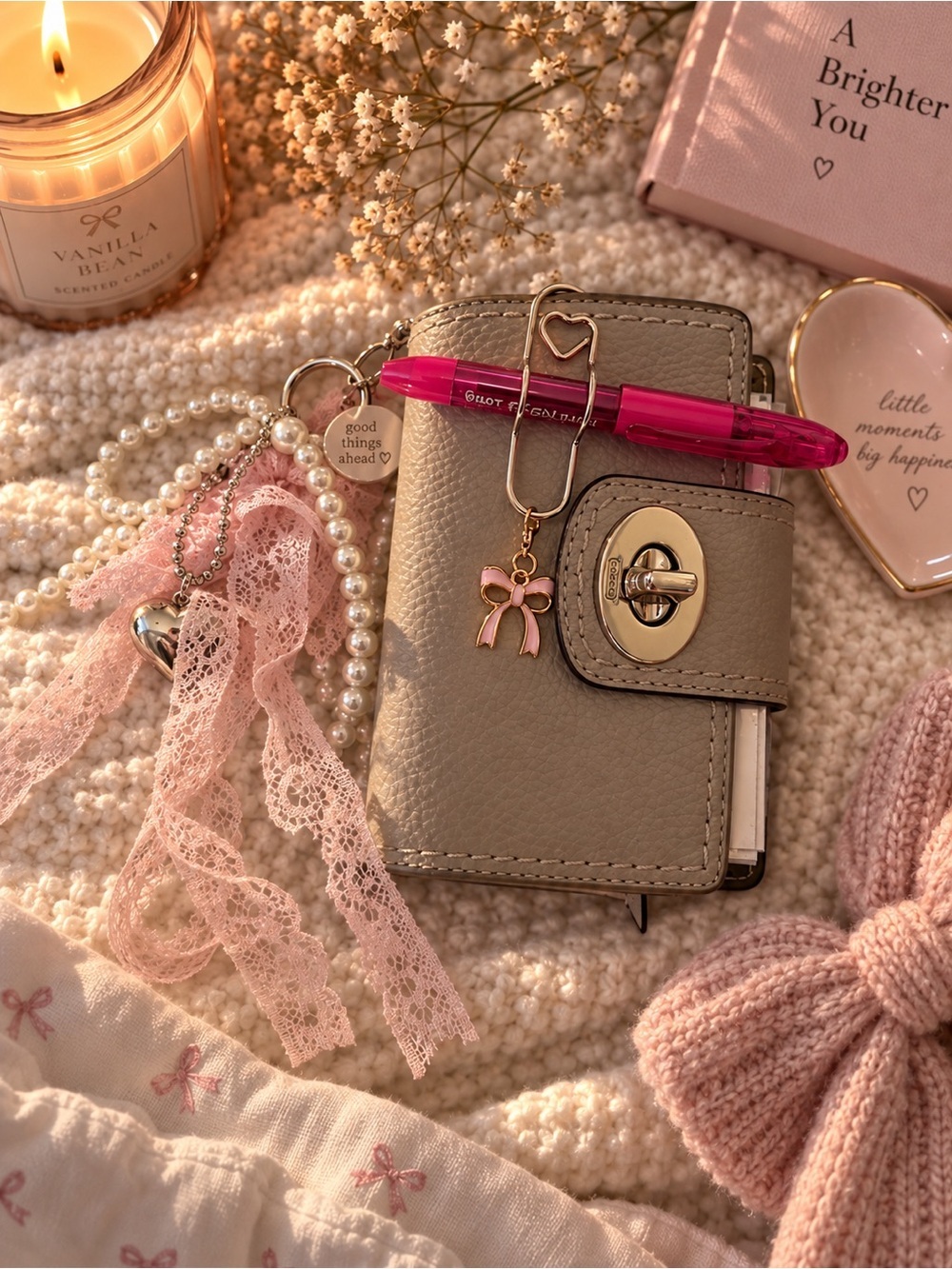 Coach Taupe Leather Card Holder with Pink Bow Charm and Hot Pink Pen